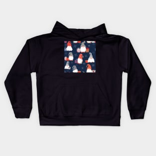 Christmas Gnomes with Snowflakes and Presents on Midnight Blue Kids Hoodie